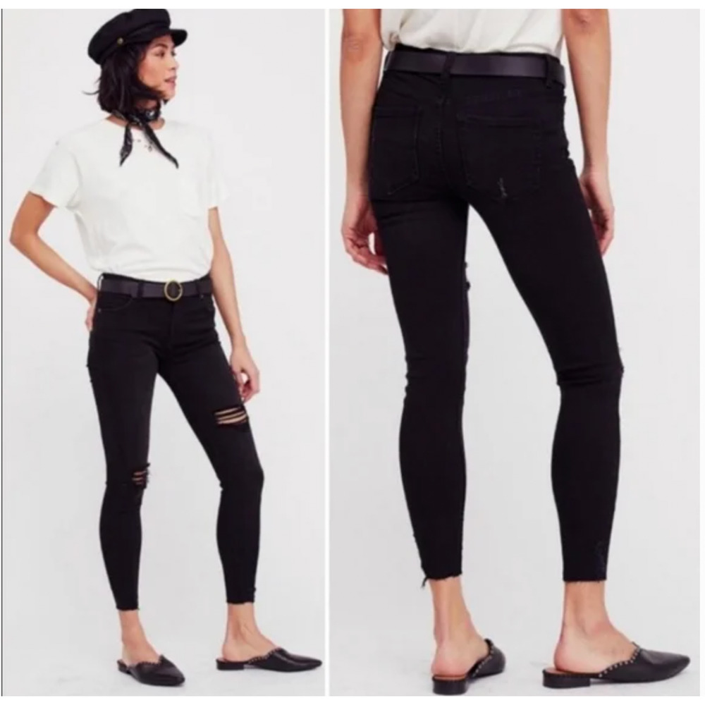 Free People Skinny Jeans Womens 31 Black Distressed Raw Hem Stretch Denim - Picture 2 of 10